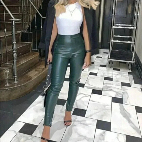 Zara Faux Leather Legging Pants Size XS Green High Rise Ankle Zip Skinny Leg - Picture 1 of 12